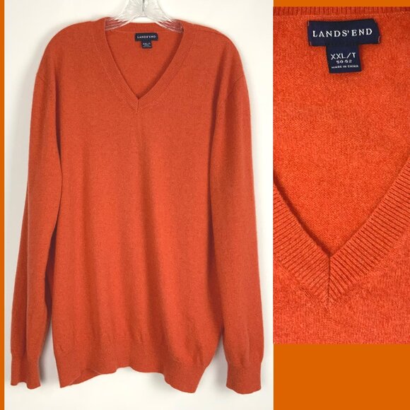Men's Lands' End v-Neck 100% Cashmere Pullover Sweater Orange/Terracotta Sz XXL - Picture 1 of 16